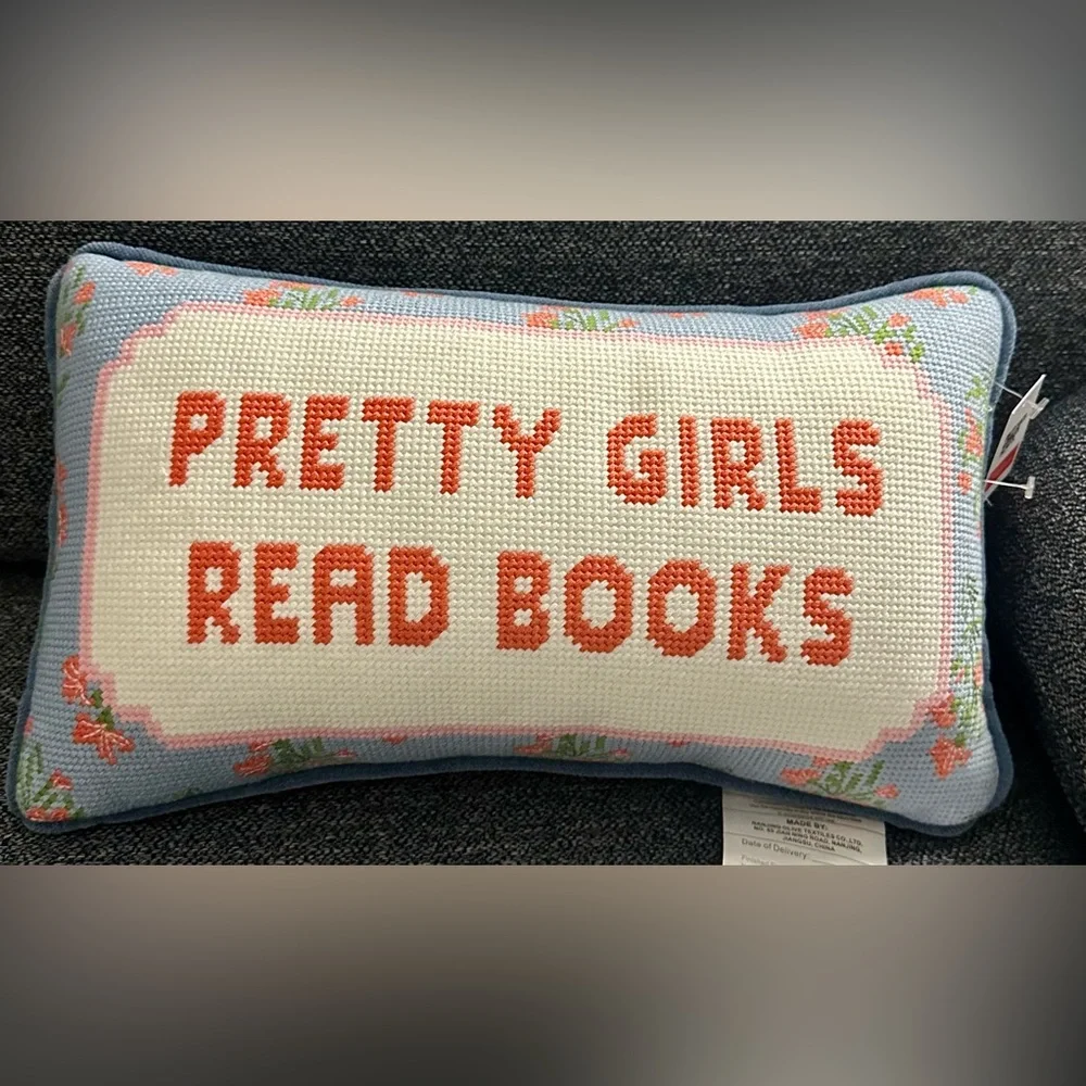Bouffants & Broken hearts “pretty girls read books” needlepoint accent pillow